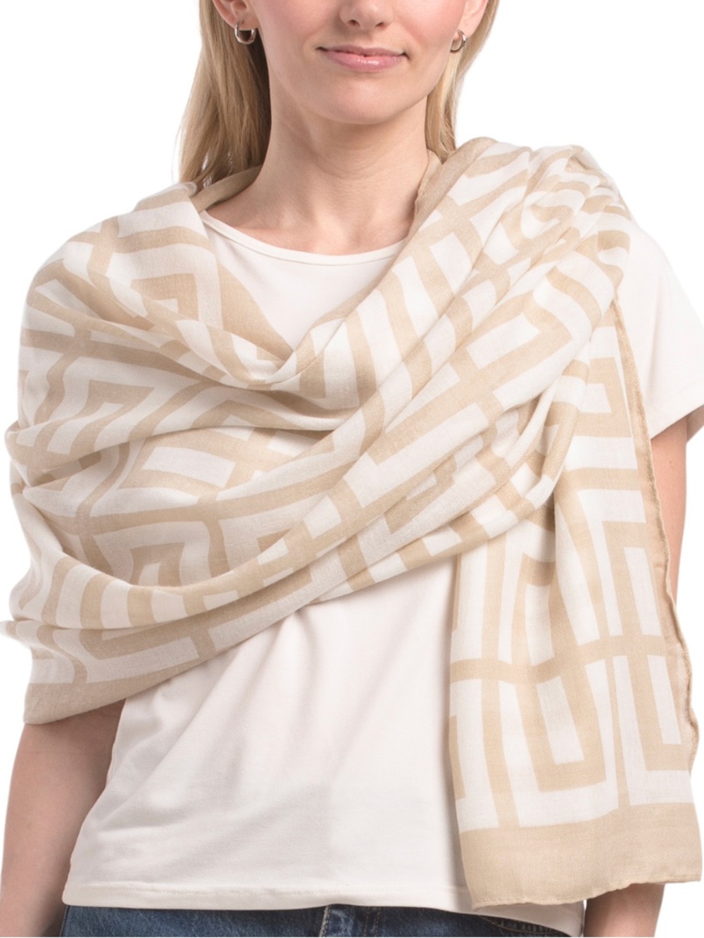 Forever 21 Cream Plaid Fringe Scarf with Tan & Light Gray Stripes